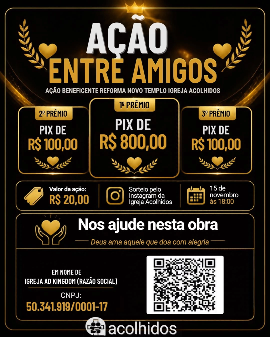 Igreja em Louveira-SP lança campanha com prêmios via PIX para reformar novo templo
