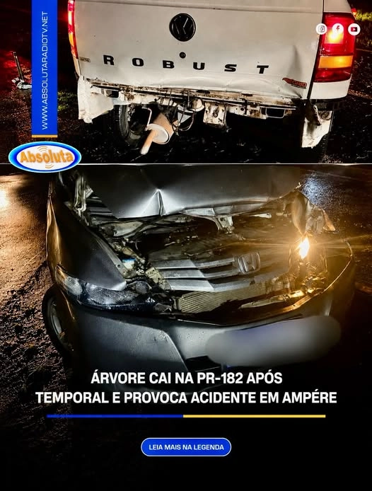 ÁRVORE CAI NA PR-182 APÓS TEMPORAL E PROVOCA ACIDENTE EM AMPÉRE