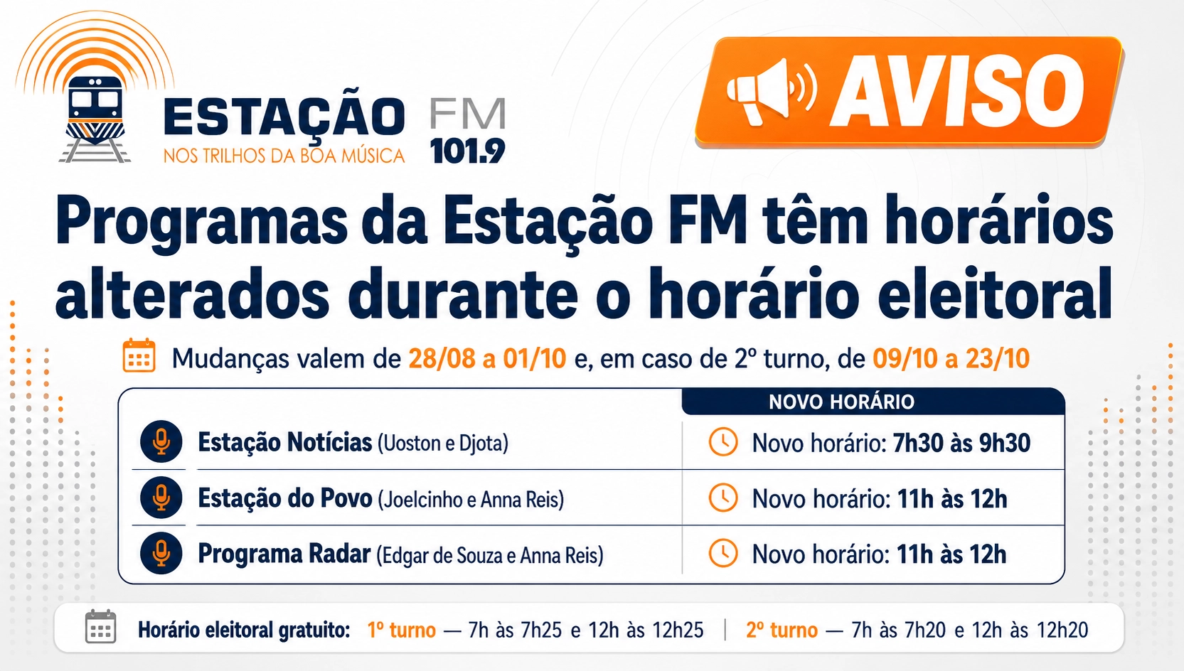 Estação FM altera horários de programas durante a veiculação do horário eleitoral gratuito