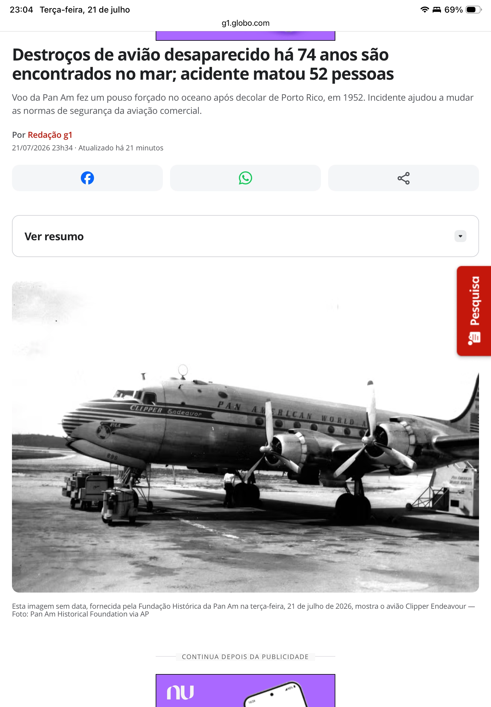 Destroços de avião desaparecido há 74 anos são encontrados no mar; acidente matou 52 pessoas