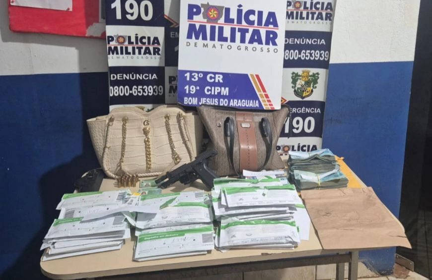 Casal é flagrado com pistola roubada e R$ 283 mil em dinheiro em Bom Jesus do Araguaia (MT)