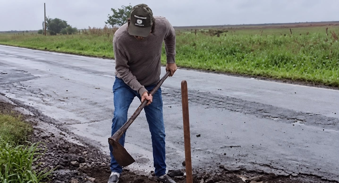 Revoltado após estourar dois pneus, morador pega marreta e enxadão para tapar buracos na BR-376