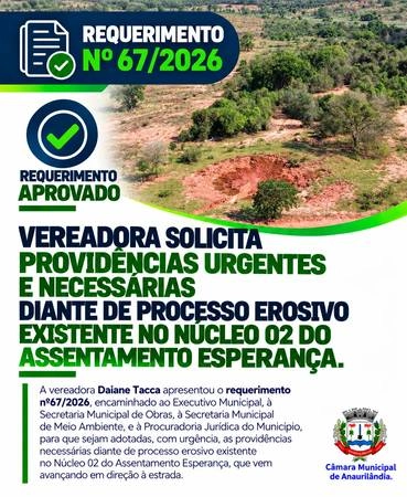 Vereadora solicita providências urgentes e necessárias diante de processo erosivo existente no Núcleo 02 do Assentamento Esperança,