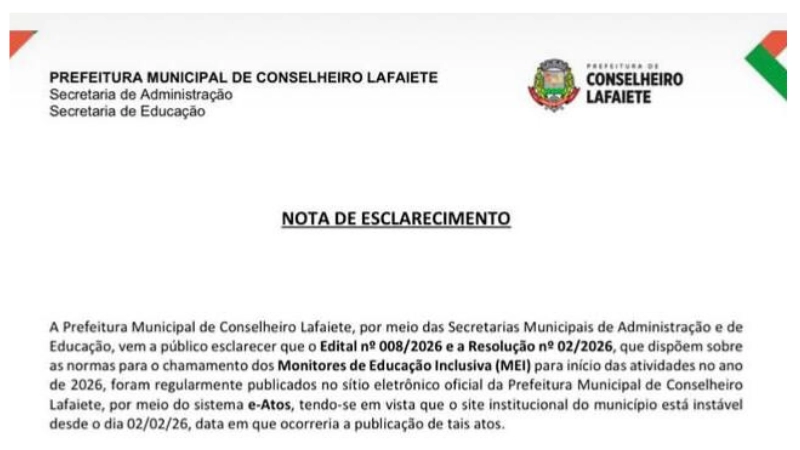Prefeitura esclarece publicação de edital para monitores de educação inclusiva em Conselheiro Lafaiete