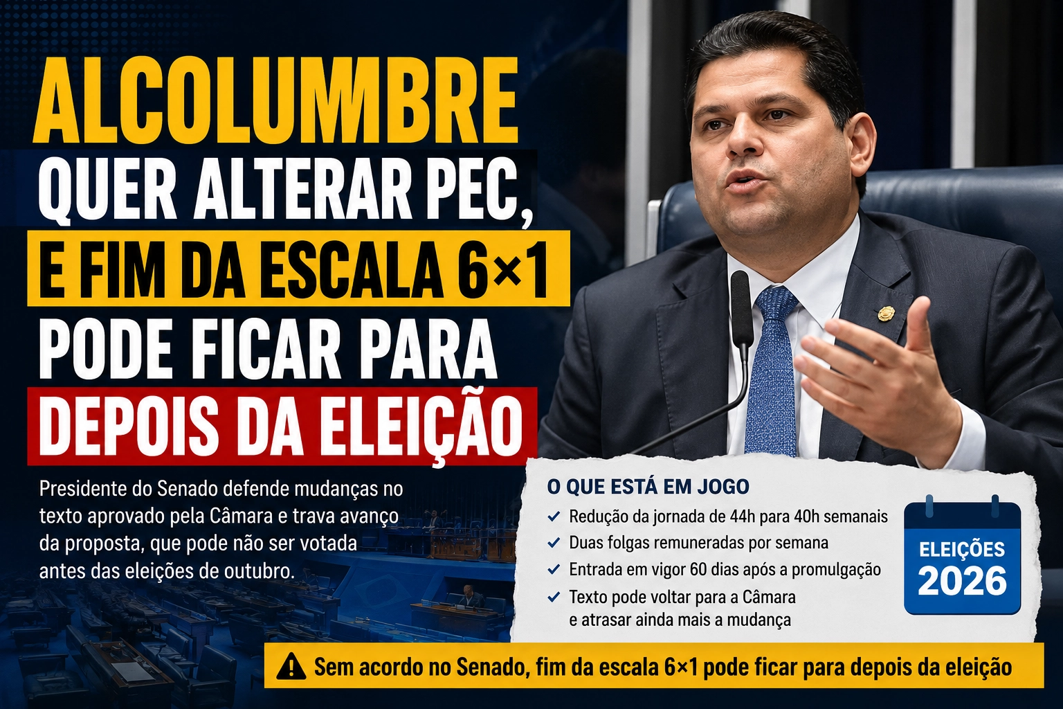 Alcolumbre quer alterar PEC, e fim da escala 6×1 pode ficar para depois da eleição
