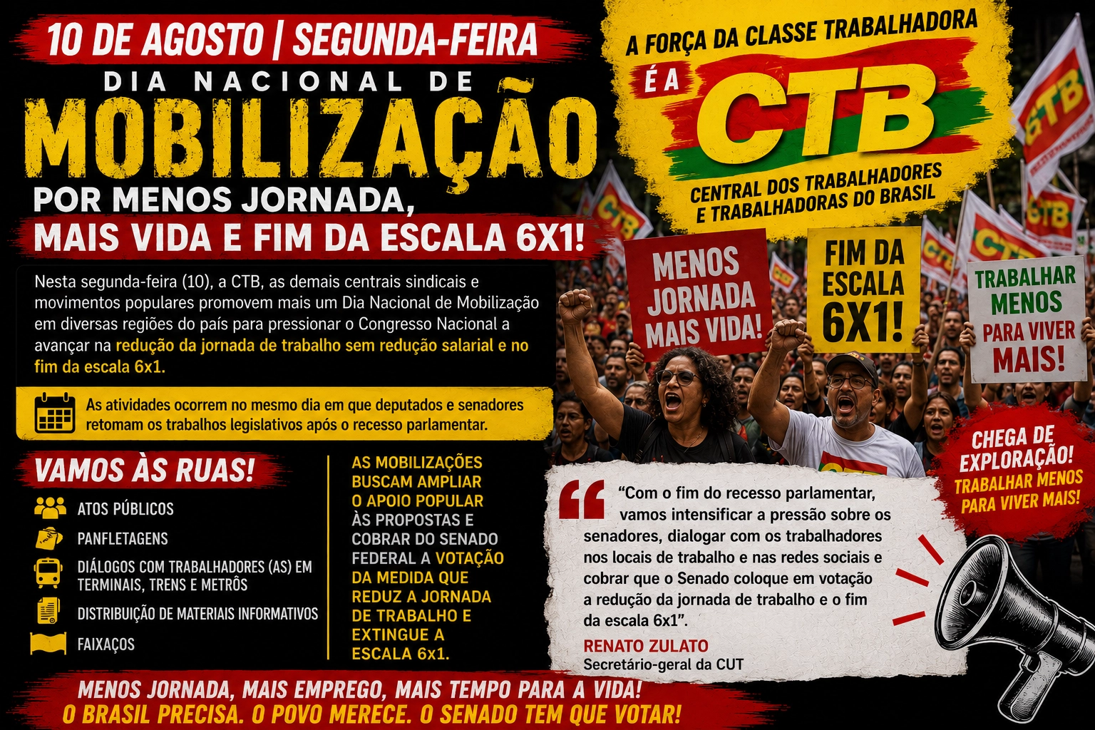 Mobilizações pelo fim da escala 6x1 acontecem nesta segunda-feira (10)