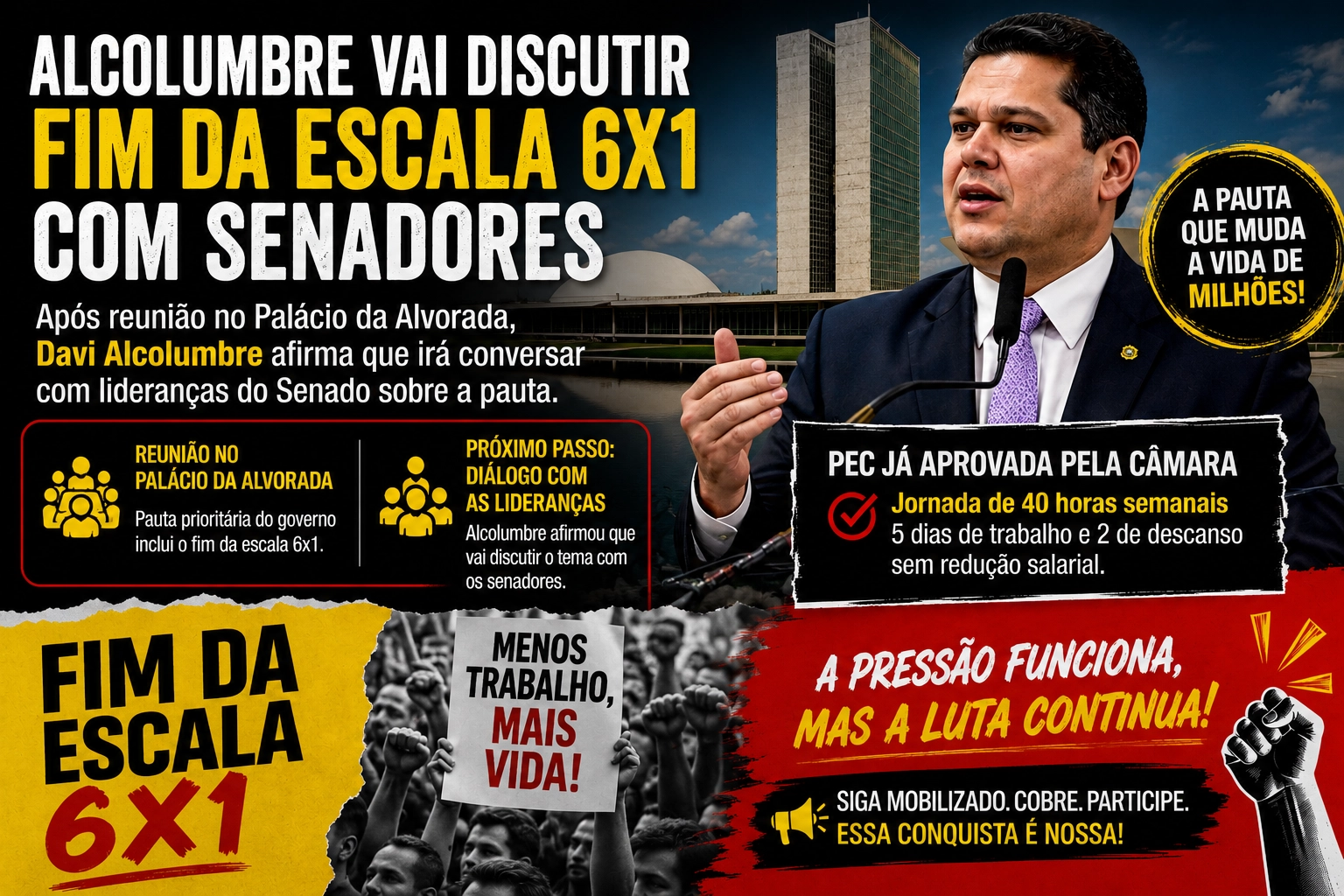 Fim da escala 6x1: pressão dos trabalhadores aumenta e Alcolumbre promete discutir pauta com senadores