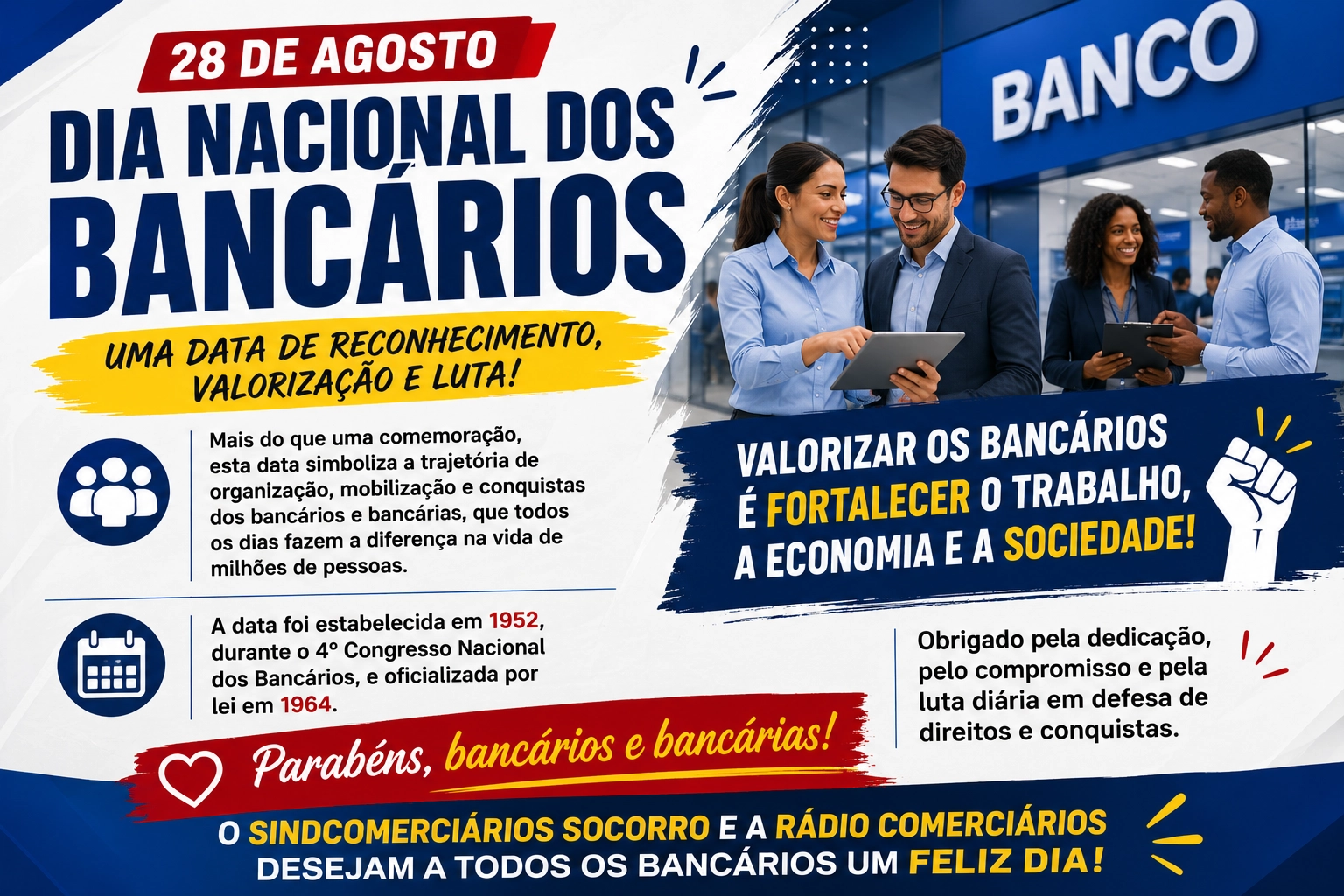 Dia Nacional dos Bancários: SINDCOMERCIÁRIOS SOCORRO e Rádio Comerciários homenageiam a categoria