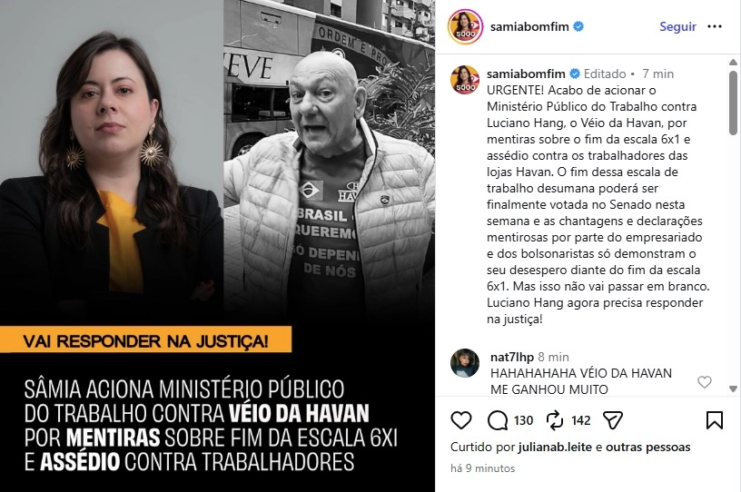 Sâmia Bomfim aciona MPT contra Luciano Hang por fala sobre escala 6x1