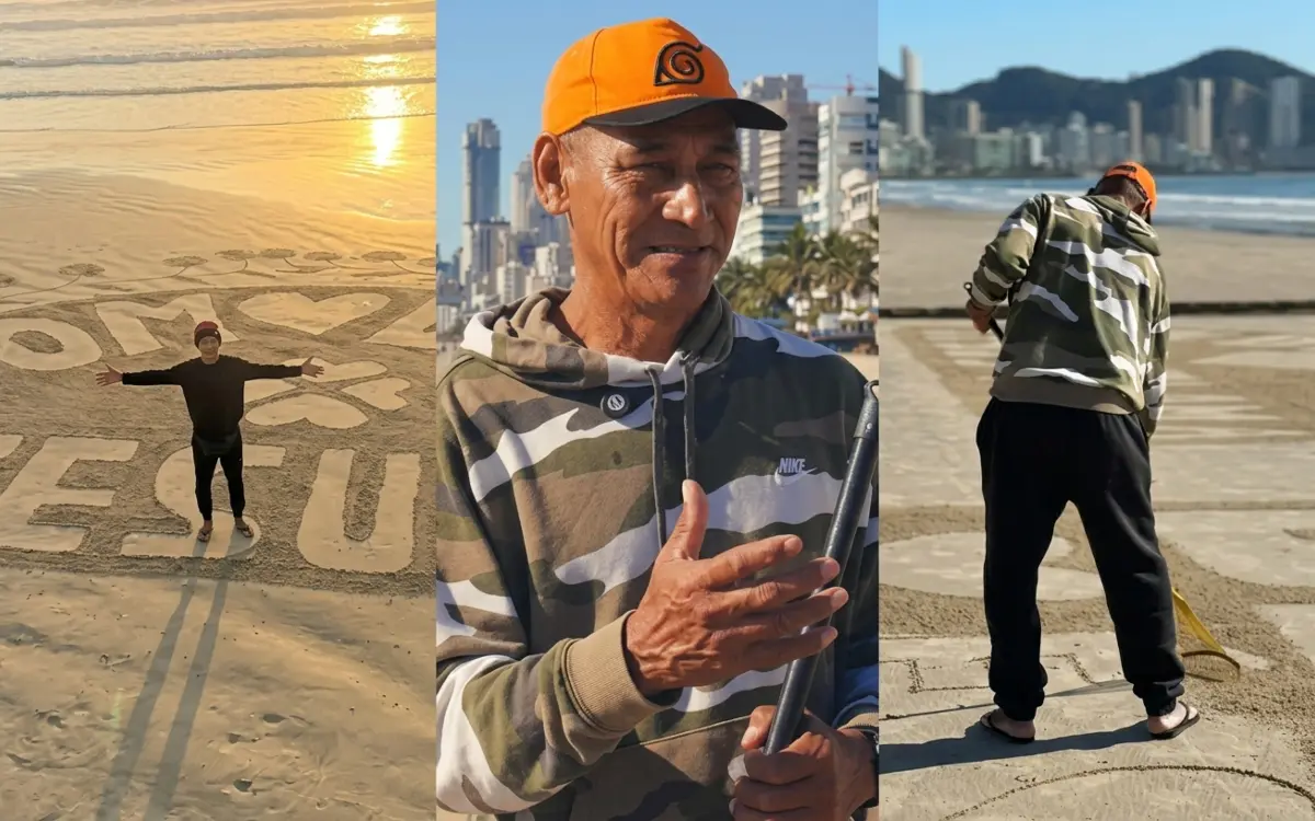 Diante do mar, ele escreve esperança na areia: a missão silenciosa de um trabalhador de Itapema