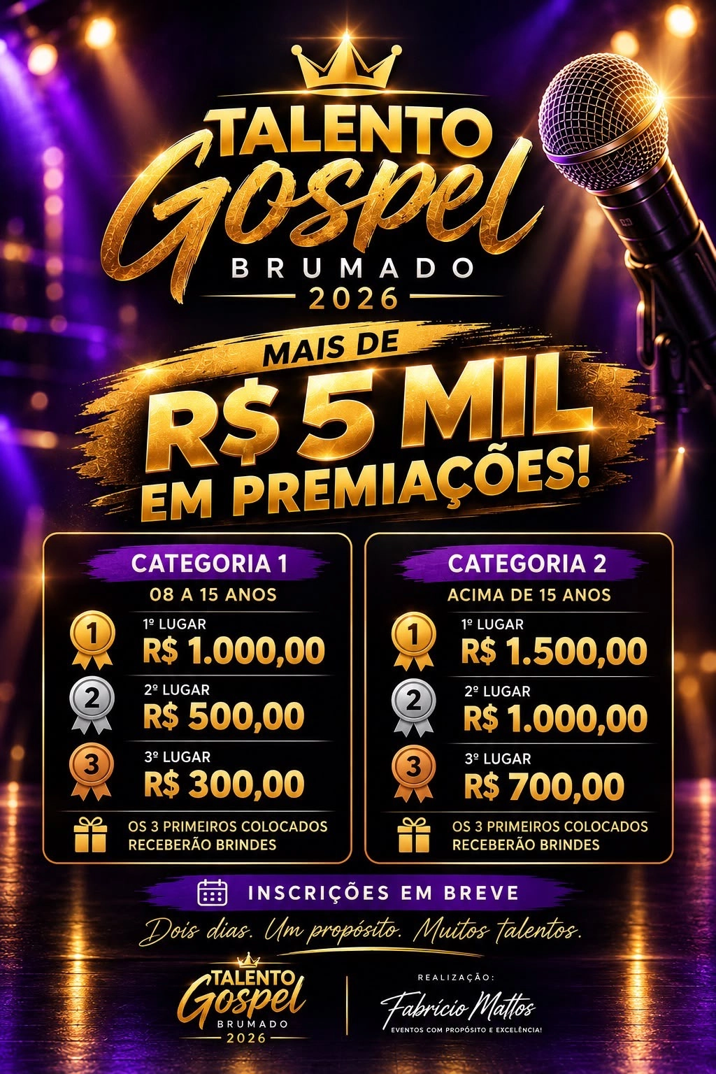 Talento Gospel Brumado 2026 promete mais de R$ 5 mil em prêmios para novos talentos