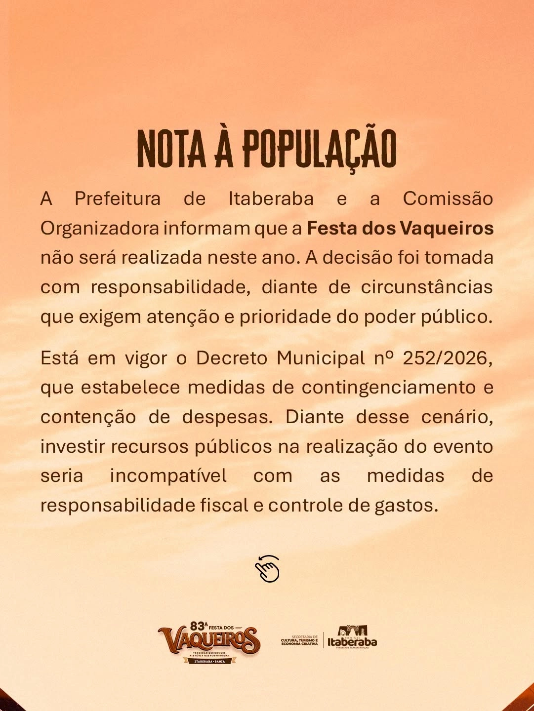 PREFEITURA DE ITABERABA ANUNCIA CANCELAMENTO DA FESTA DOS VAQUEIROS DESTE ANO