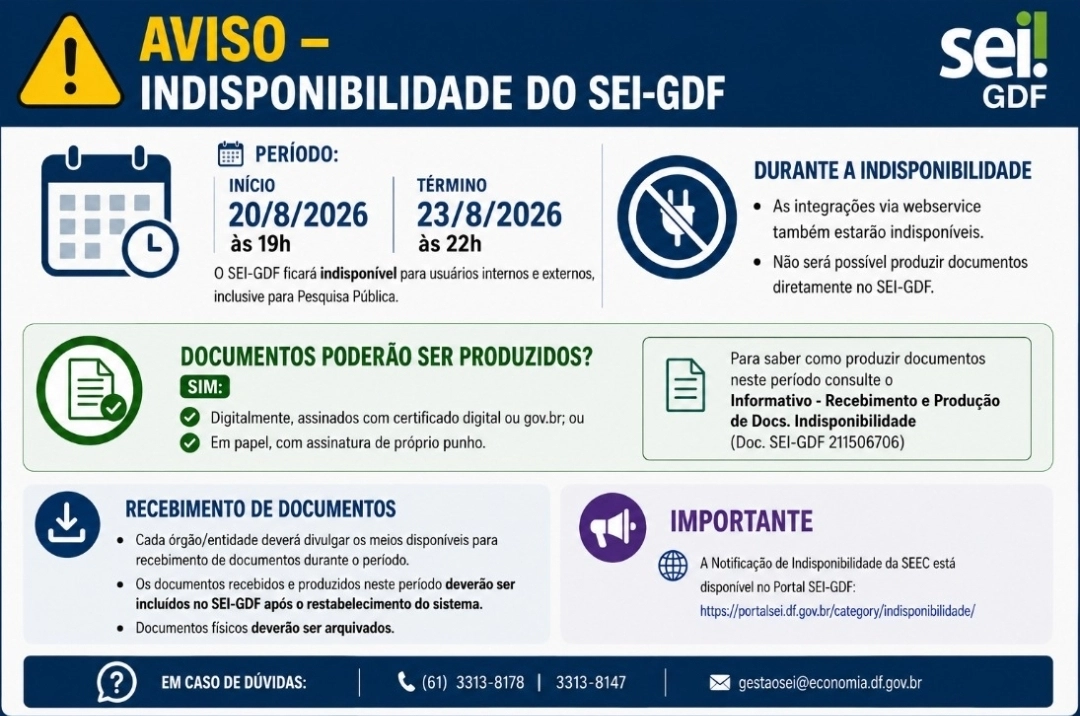 SEI-GDF FICARÁ INDISPONÍVEL ENTRE 20 E 23 DE AGOSTO PARA USUÁRIOS INTERNOS E EXTERNOS