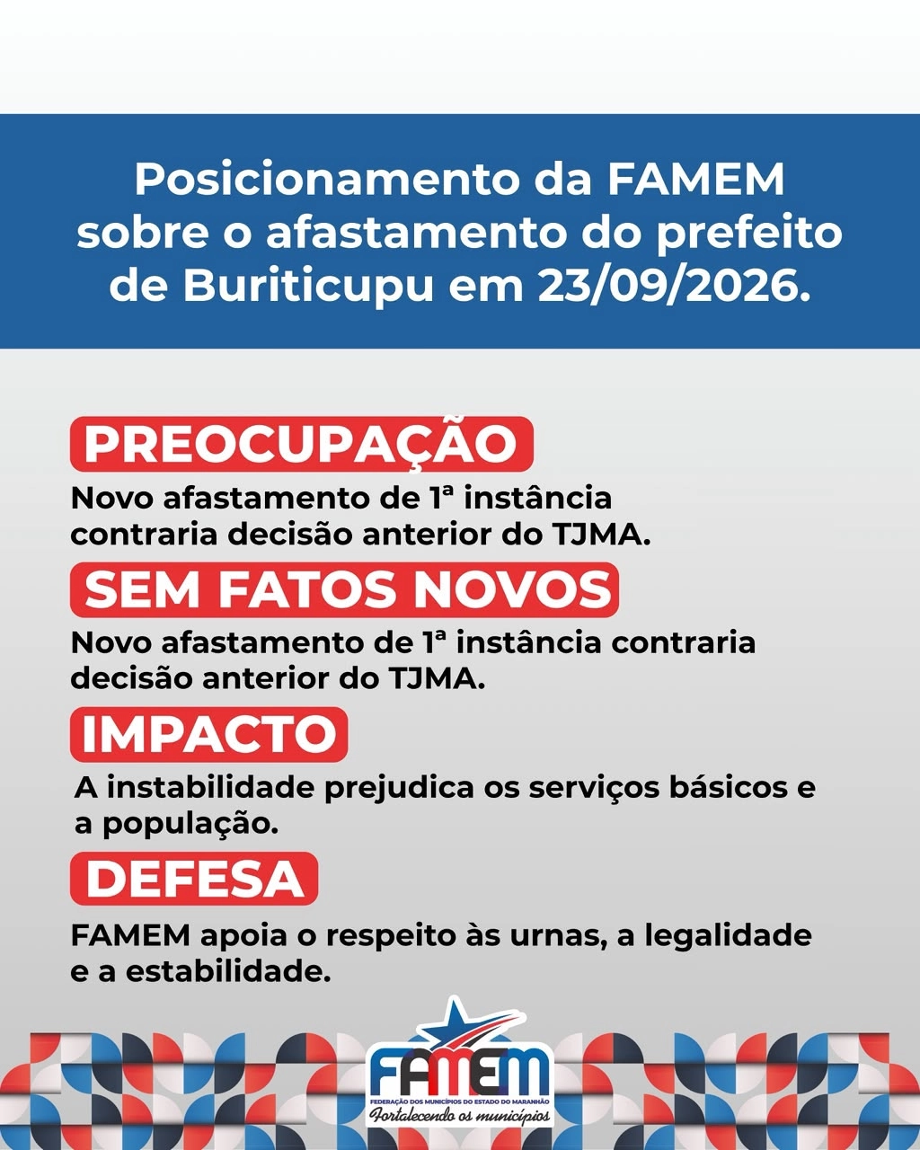 Posicionamento da FAMEM sobre o afastamento do prefeito de Buriticupu/MA em 23/09/2026