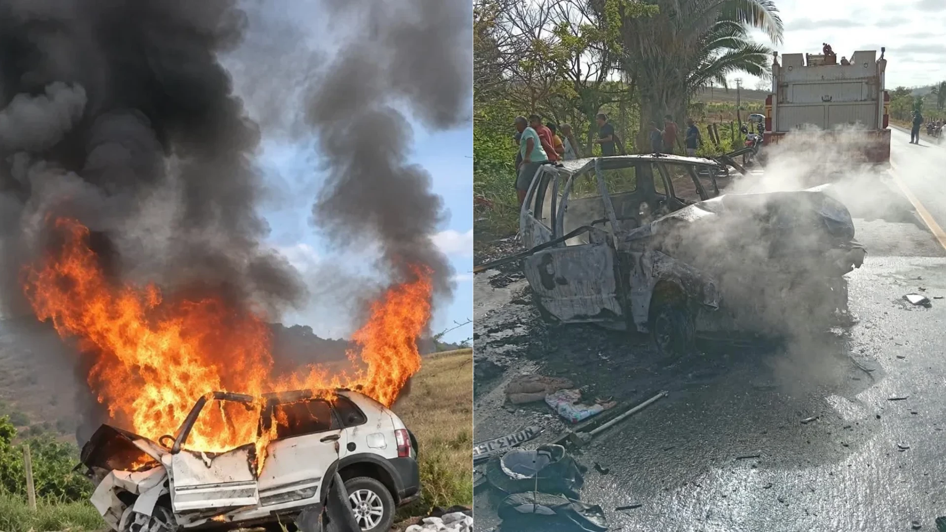 Carro pega fogo e outro cai em ribanceira após acidente com mortes na BR-226