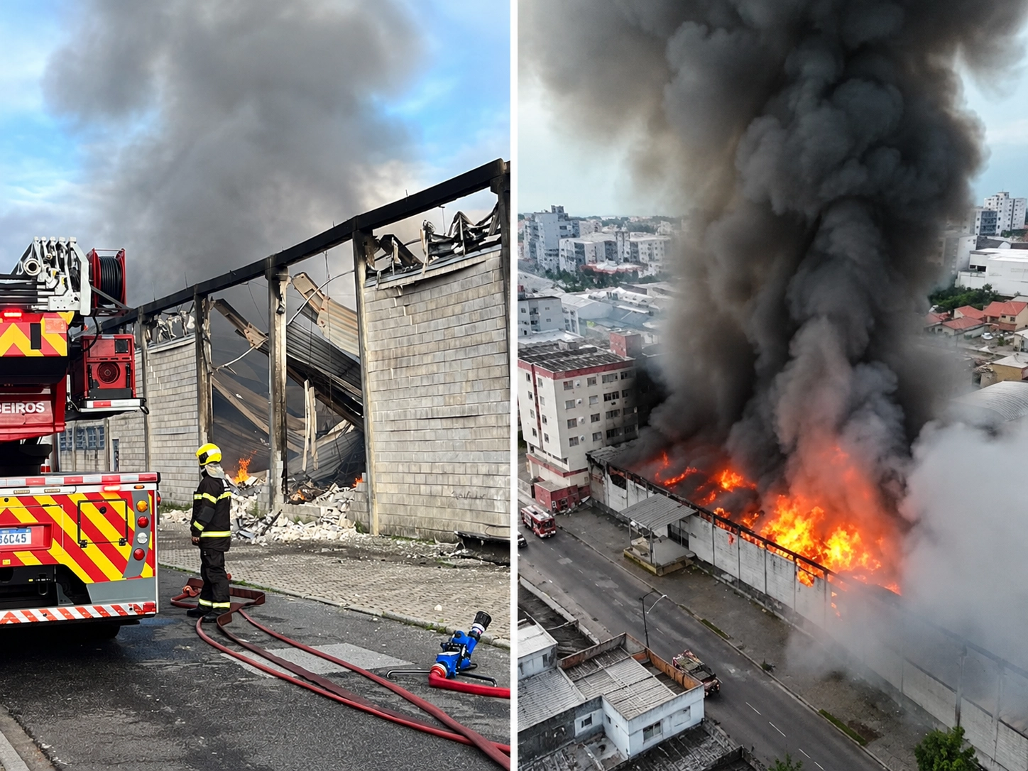Incêndio de grandes proporções destrói galpão e atinge prédio residencial em São José